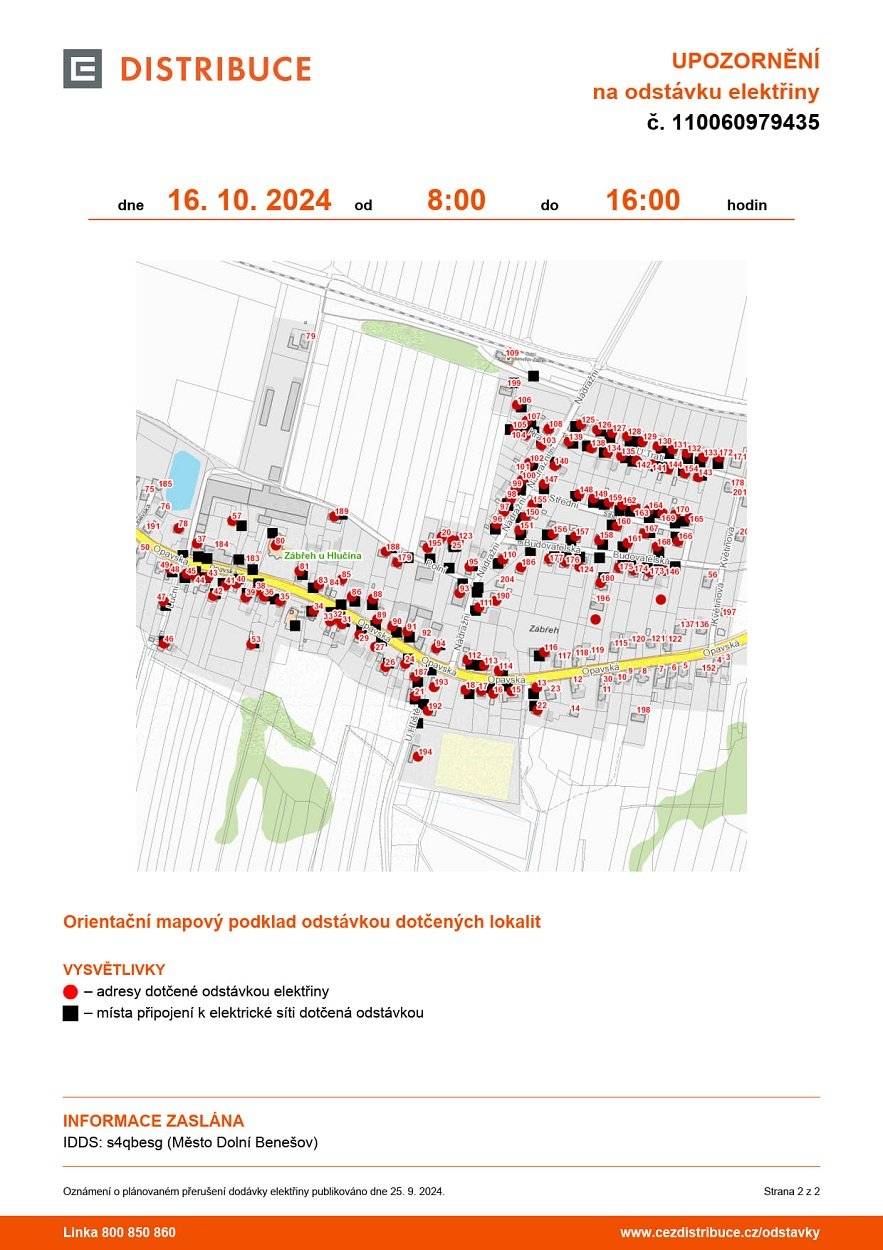Ve středu 16.10. je naplánovaná odstávka elektřiny v době od 8 do 16 hodi