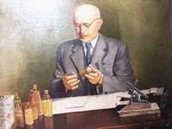 Jan Mikolášek při procesu rozboru moči klienta. Nedatovaný obraz od neznámého autora.