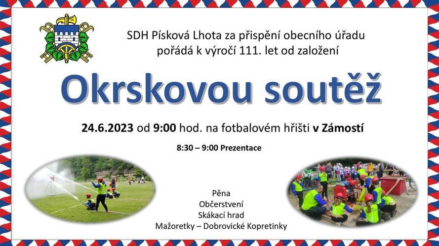 V sobotu 24.června se bude konat okrsková soutěž v požárním sportu při příležitosti 111. letého výročí místního hasičského sboru. Pro naši obec se jedná o velkou událost a rádi bychom, aby se zdejší SDH jako domací celek představil v co nejlepším světle a v co nejvíce týmech.Vždyť třeba nedaleký ambiciozní Chotětov na tento závod přihlásil 10 svých týmů napříč kategoriemi!

Tradičně budou soutěžit děti mladší i starší a to jsou narovinu řečeno asi největší naděje našeho SDH. Rádi bychom ale překvapili soupeře i mužstvy žen a mužů. Chtěli bychom složit dva týmy v každé seniorské kategorii, ale hledají se další členové. Takže kdo by měl zájem si vyzkoušet hasičský sport, reprezentovat svoji obec ať se hlásí na OÚ nebo přímo u SDH Písková Lhota. Vítáni jsou i úplní začátečníci! Treninky před soutěží se konají každý pátek od 17:00 na hřišti FK Krnsko v Zámostí. Prosíme a vyzýváme zároveň i naše dříve narozené spoluobčany k sestavení týmu staré gardy. K dispozici jim bude zrepasovaná mašina a doufáme, že i tento tým se v barvách Pískové Lhoty představí.
 
Soutěž se bude konat na hřišti FK Krnsko v Zámostí.Tímto děkujeme FK Krnsko za spolupráci a zapůjčení hřiště. Na místě bude možnost zakoupení občerstvení.Pro děti bude připravena pěna, skákací hrad  a vystoupí mažoretky z Dobrovic. Start souteže je v 9:00 hod.Všechny občany Pískové Lhoty a Zámostí na soutež zveme!