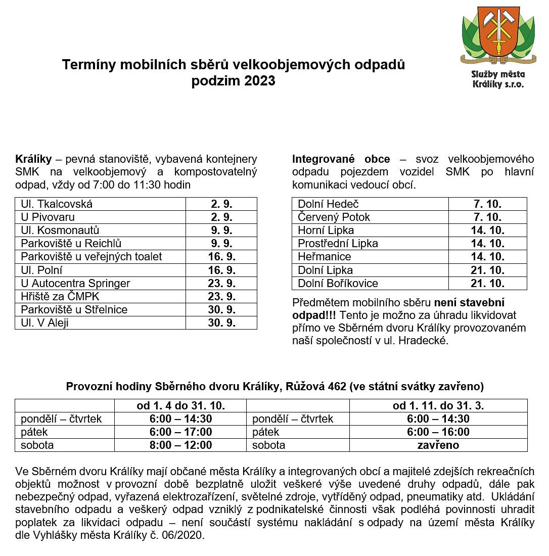 Termíny naleznete na přiloženém obrázku, případně na http://www.smkraliky.cz/dvur.html