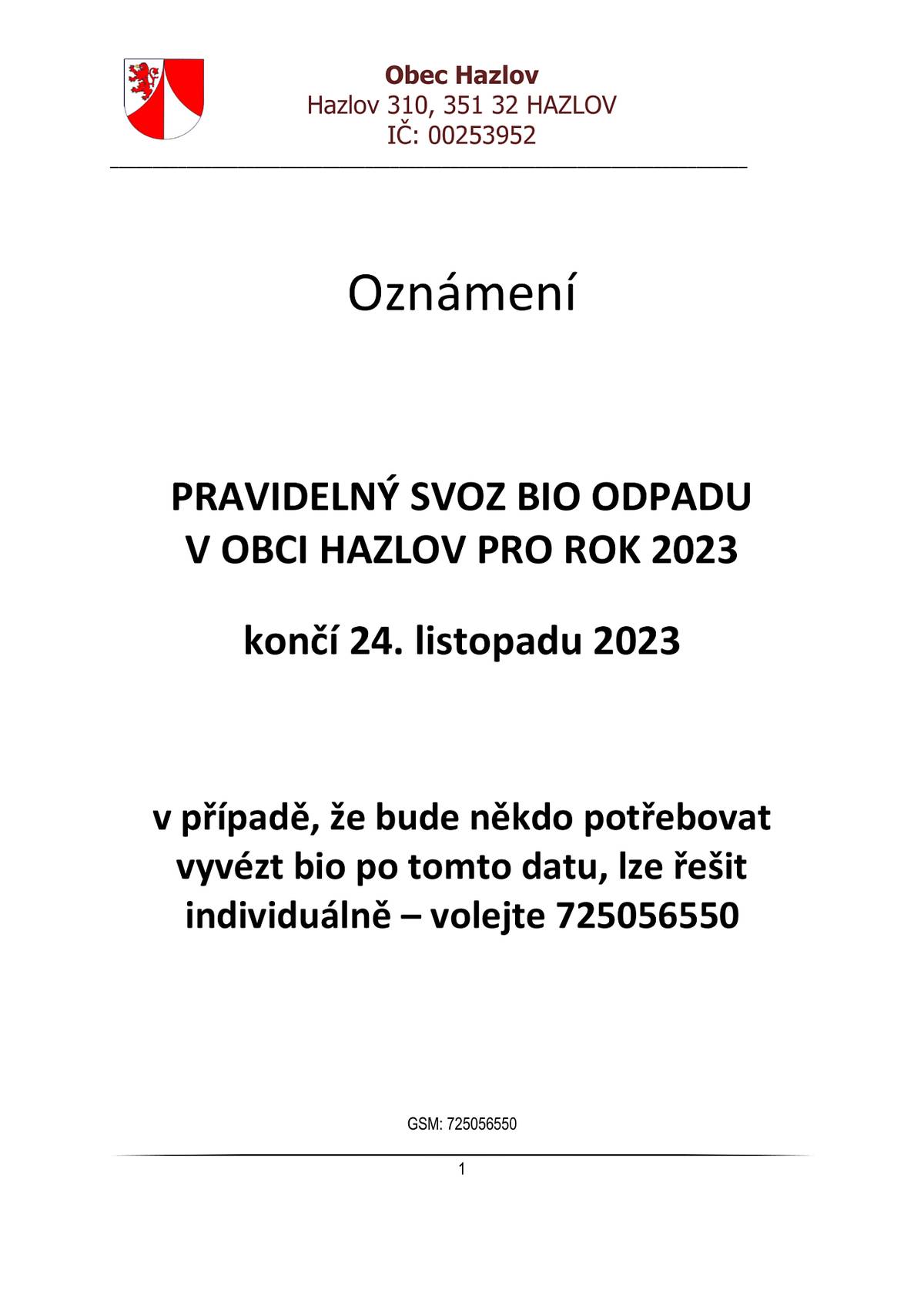 Pravidelný svoz Bio Odpadnu pro rok 2023 končí 24. 11. 2023