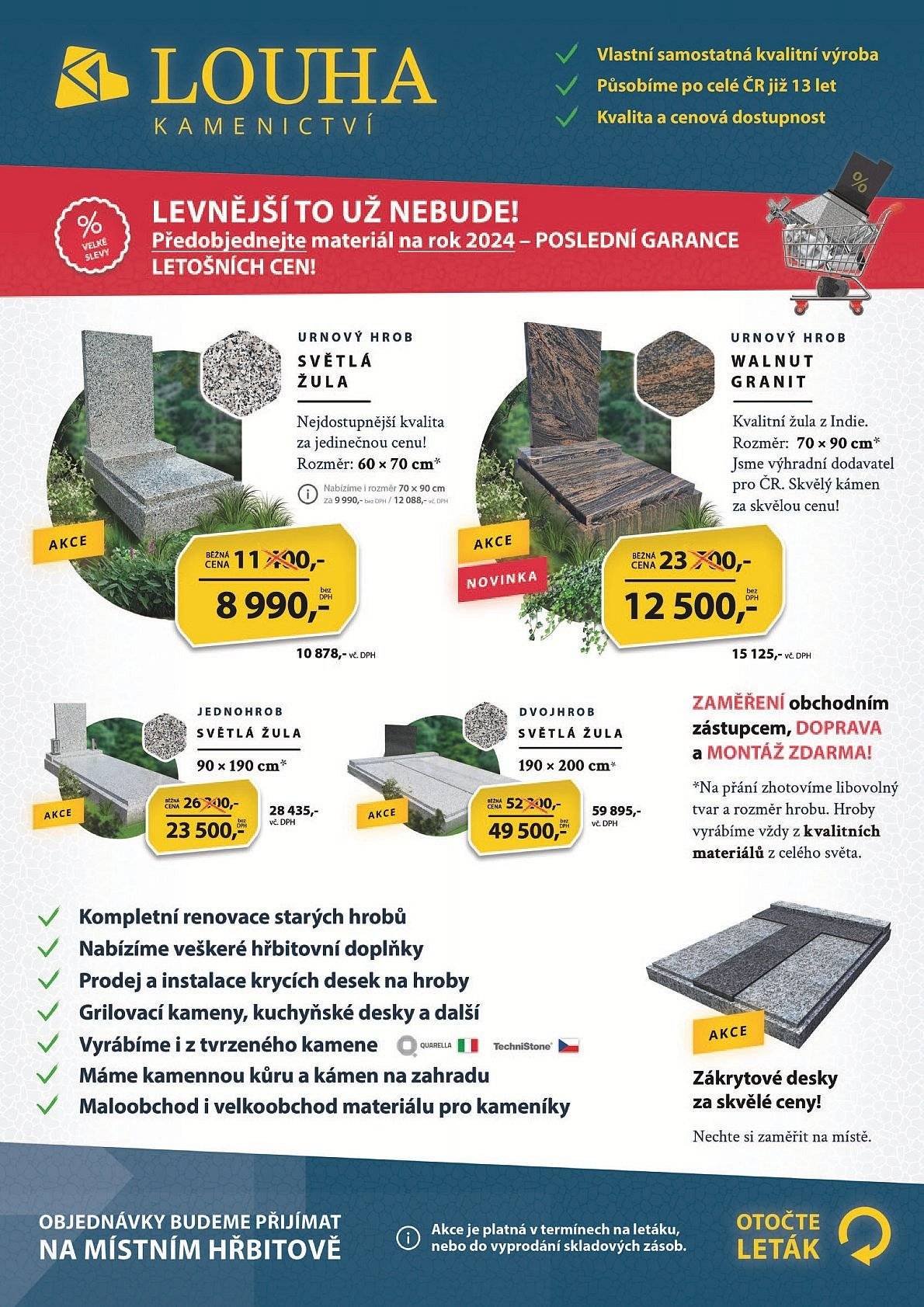 Kamenictví Louha přijede do naší obce 29. ledna a bude nabízet své služby.
Na hřbitově v Šanově 9:50 - 10:05 hod.
Na hřbitově v Červené Vodě 10:05 - 10:25 hod.
Na hřitově v Mlýnickém Dvoře   10:30 - 10:45 hod. 
https://kamenictvi-louha.cz/