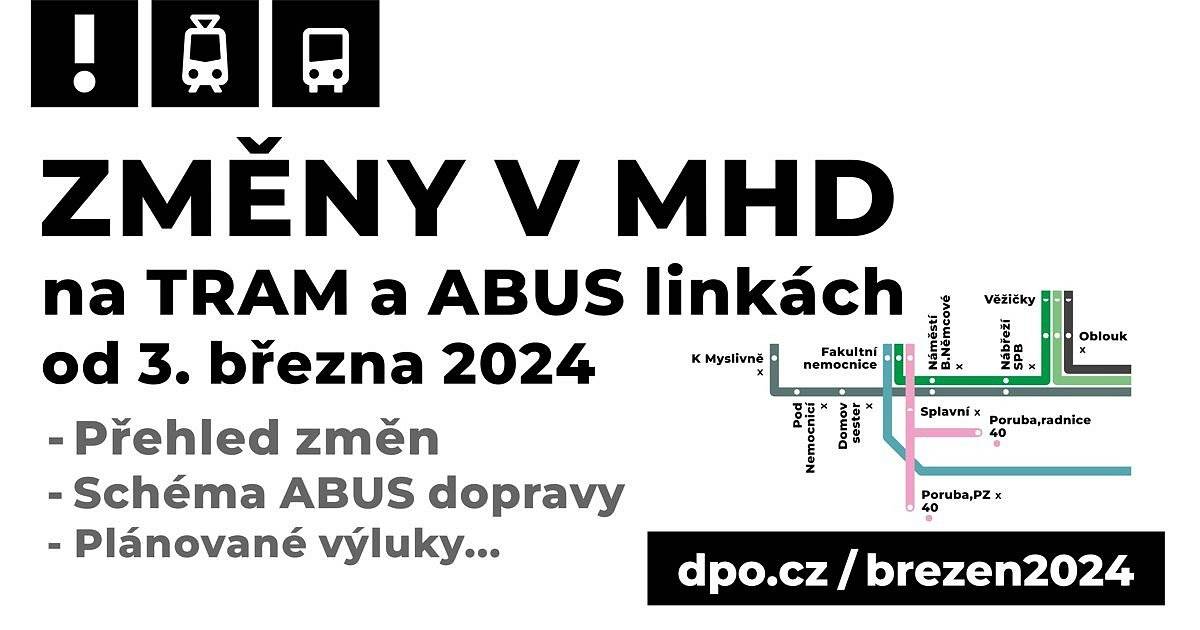 S platností od neděle 3. března 2024, celostátního termínu změn, dochází k úpravě jízdních řádů všech tramvajových a vybraných autobusových linek Dopravního podniku Ostrava (DPO).
Dále bude zahájena výluka na linkách č. 24, 35, 37 a 39 a o den později, tedy od pondělí 4. března 2024, započne výluka linek č. 26, 57 a 59 - podrobnosti zde: https://www.dpo.cz/pro-cestujici/aktuality/zmeny-v-doprave/8058-zmeny-v-mhd-od-03-03-2024.html 
Organizace MHD bude dále ovlivněna začínajícími školními jarními prázdninami (v okrese Opava a následně i v okrese Ostrava-město). 
O školních jarních prázdninách v okrese Ostrava-město, tj. v období od pondělí 11. března 2024 do pátku 15. března 2024, dojde ke změně organizace dopravy na tramvajových a trolejbusových linkách DPO, které pojedou podle tzv. ZVLÁŠTNÍCH JÍZDNÍCH ŘÁDŮ. U autobusových linek nebudou vypravovány školní spoje - více zde: https://www.dpo.cz/pro-cestujici/aktuality/aktualni-vyluky/8013-2024-03-11-info-jarni-prazdniny-2024-okres-ostrava.html