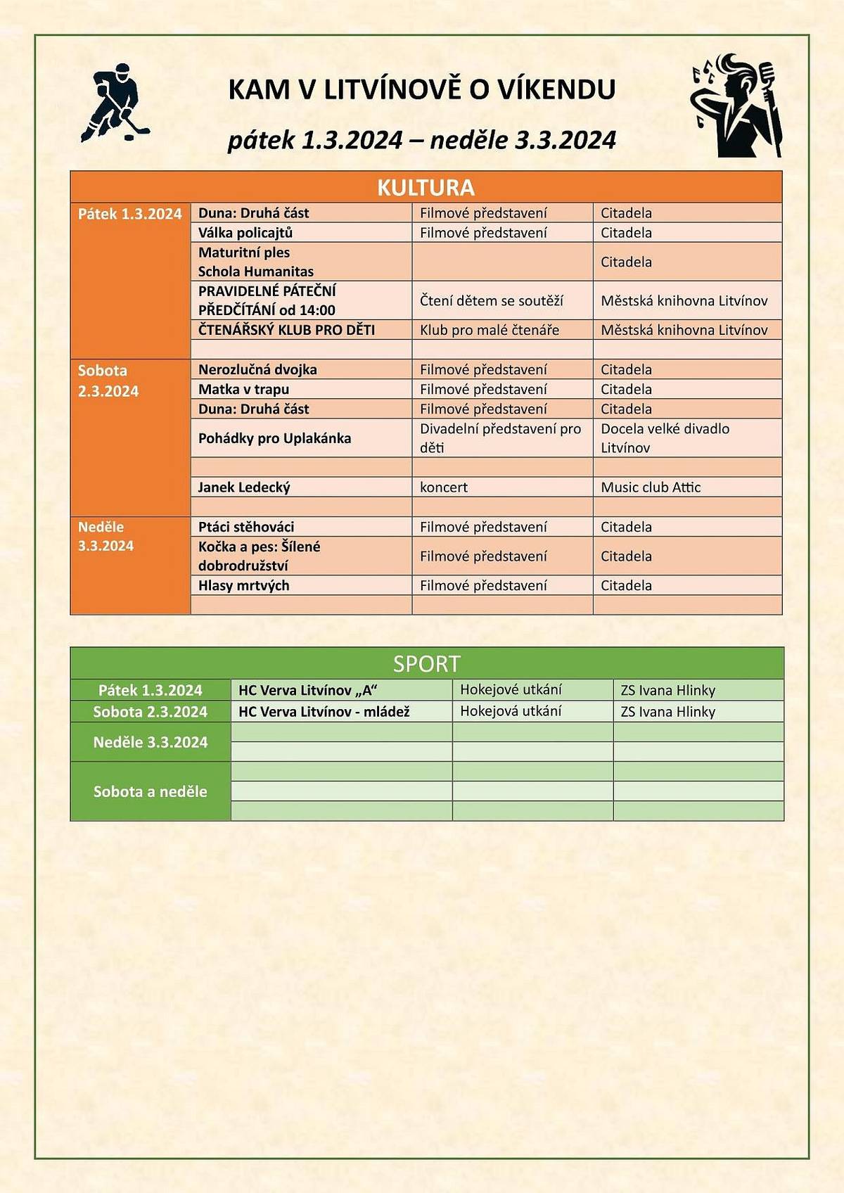 Kromě hokeje asi na Ledeckého do Atticu, nebo máte jiný názor? 🤔
Nebo možná nová Duna, na velkém plátně prý opravdu stojí za to! 🎞😲