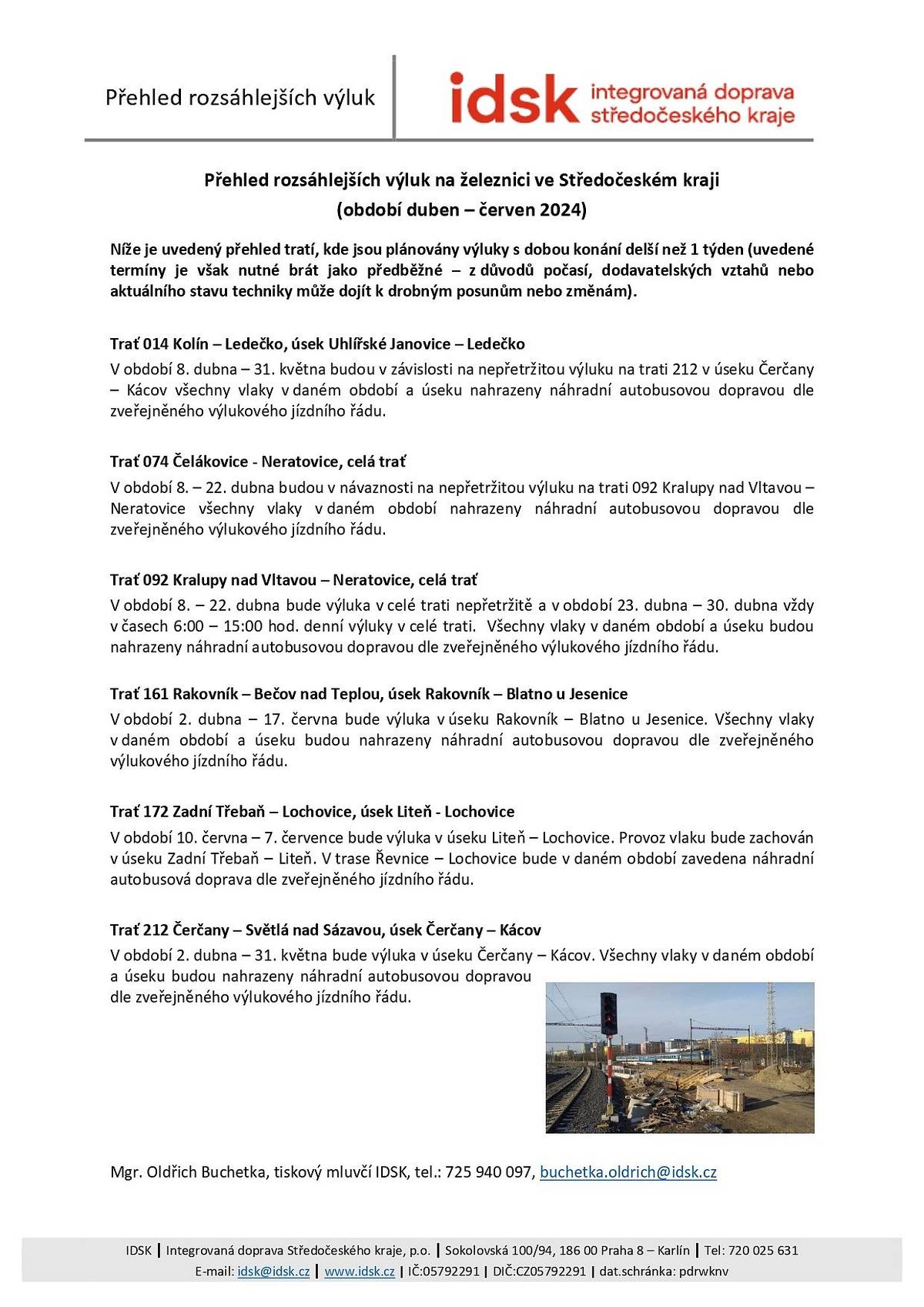 Informace k plánovaným výlukám na železnici ve Středočeském kraji v období od dubna do června 2024.
