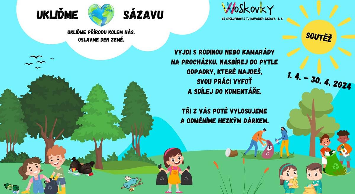 Vyjdi s rodinou nebo kamarády na procházku, nasbírej do pytle odpadky, které najdeš, svou práci vyfoť a sdílej do komentáře. Tři z vás poté vylosujeme a odměníme hezkým dárkem. Akce trvá celý duben. Pytle a rukavice si můžete vyzvednout v Informačním centru. 
Ukliďme přírodu kolem nás a oslavme den Země. Vaše Woskovky