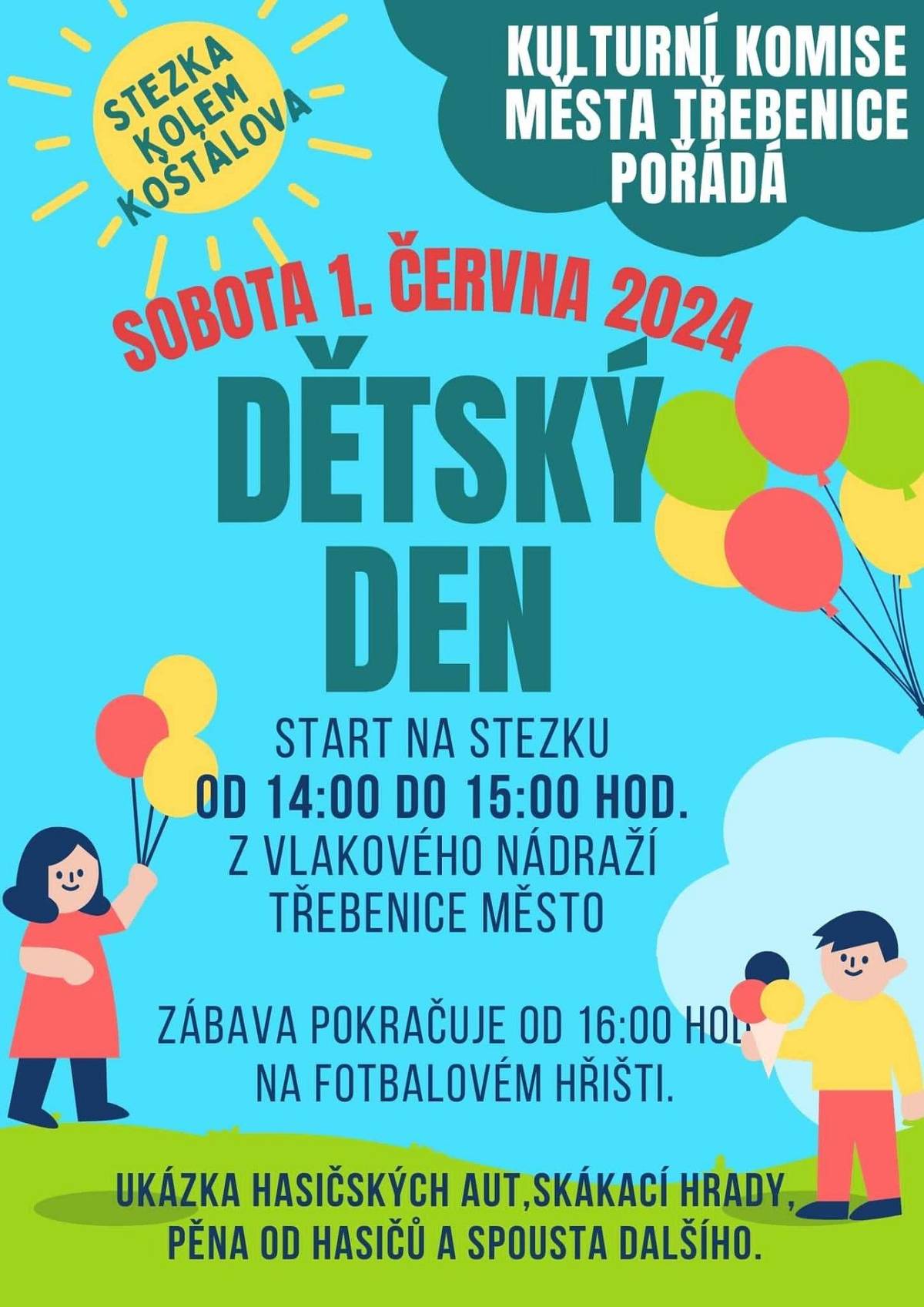 Kulturní komise města Třebenice zve na Dětský den v sobotu 1. června 2024. Start na stezku od 14.00 do 15.00 hodin z vlakového nadraží Třebenice město.