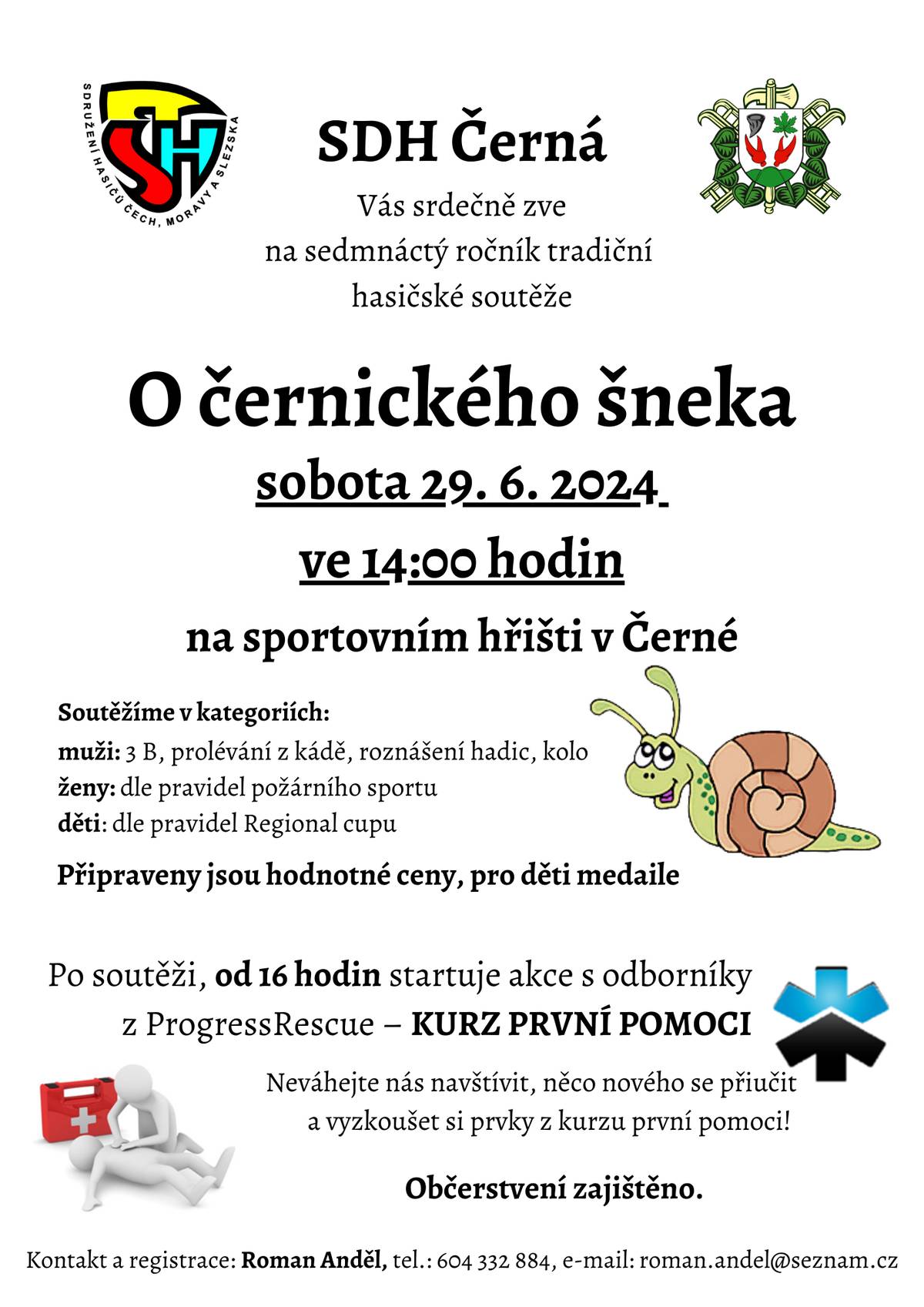 Srdečně zveme všechny občany a příznivce na tradiční hasičské závody, které se uskuteční v sobotu 29. 6. 2024 na hřišti v Černé. Těšit se můžete na požární útoky v podání mužů, žen i dětí. Pro zpestření se letos zapojí i ti nejmenší, a to černická přípravka! Začátek je ve 14 hodin. Přijďte je všechny podpořit. Odpoledne po soutěži, od 16 hodin nás navštíví odborníci z ProgressRescue, kteří nabídnou všem návštěvníkům možnost vyzkoušet si základy první pomoci. Srdečně zvou pořadatelé.