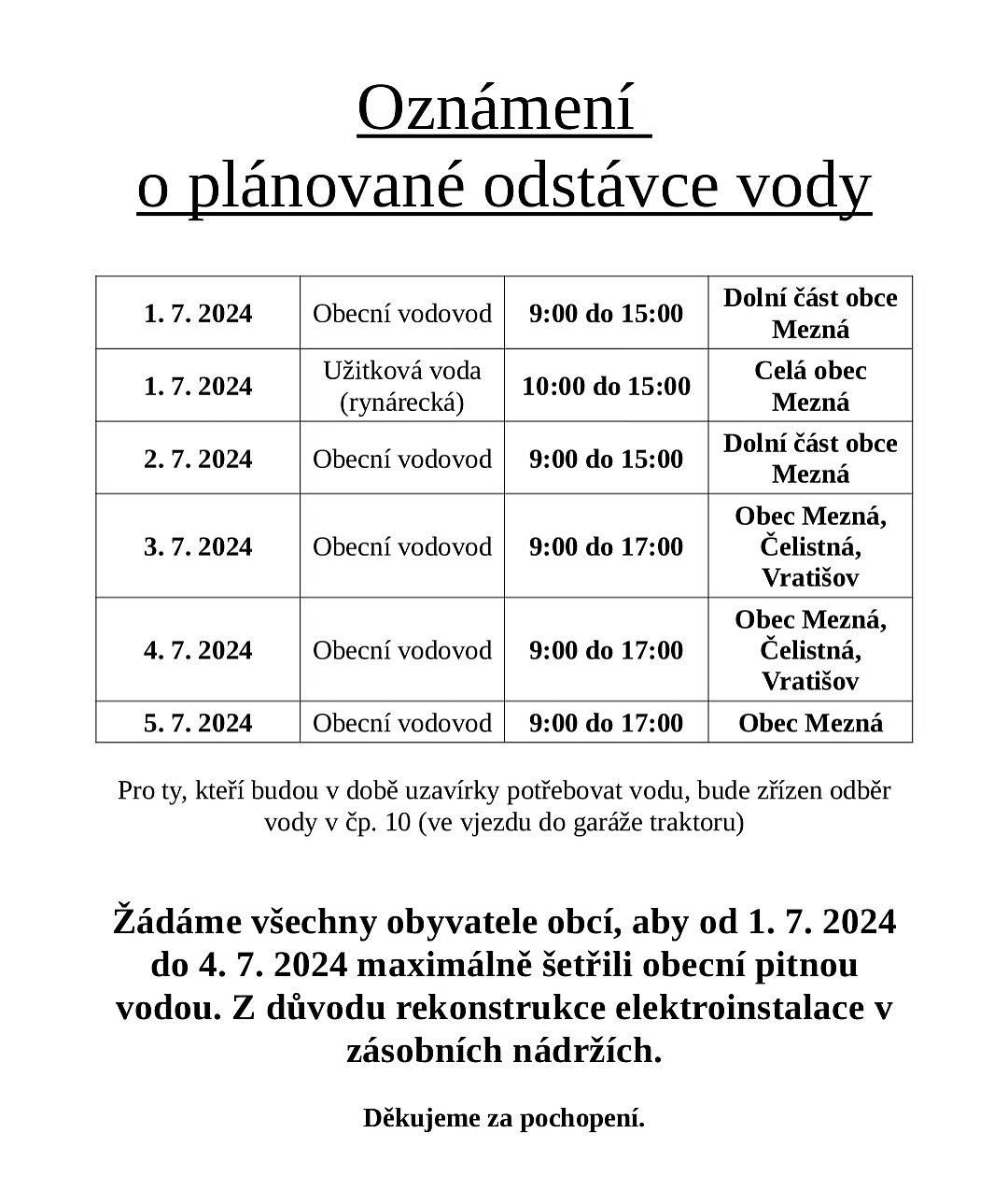 Plánovaná odstávka pitné vody od 1.7. do 5.7. viz příloha. V době uzavírky bude možnost odběru vody v budově c.p. 10 (balounovna).