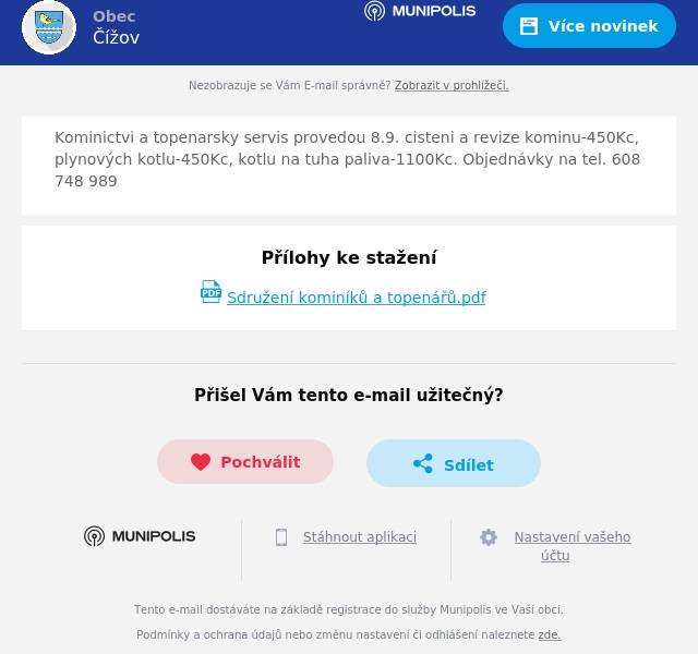 Kominictvi a topenarsky servis provedou 8.9. cisteni a revize kominu-450Kc, plynových kotlu-450Kc, kotlu na tuha paliva-1100Kc. Objednávky na tel. 608 748 989