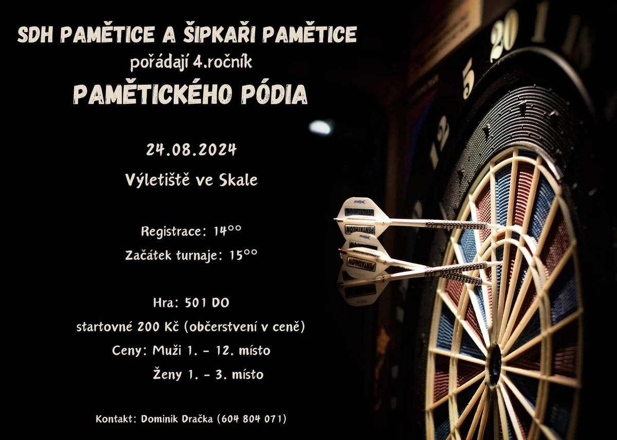 SDH Pamětice a šipkaři Pamětice zvou na 4. ročník Pamětského pódia na výletiště ve Skale. Registrace hráčů od 14:00 a začátek hry od 15:00.
Občerstvení a pivo zajištěno, přijďte podpořit hráče, jste srdečně vítáni.