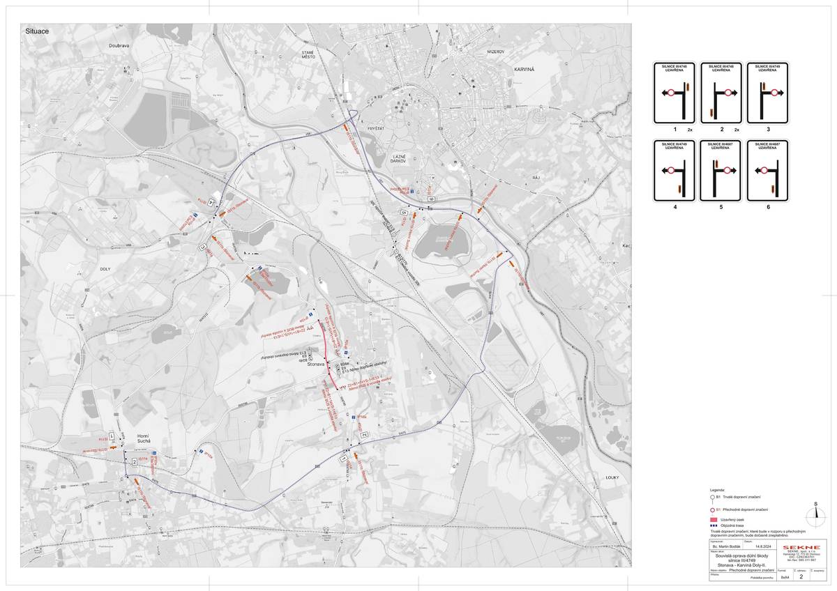 V termínu od 9.9.2024 do 23.10.2024 bude uzavřena komunikace silnice III/4749 v obci Stonava z důvodu opravy povrchu komunikace.
Uzavírka je rozdělena do etap:
I.                   Etapa (částečná uzavírka)
od 9.9. – 17.9.2024
 
Dopravní omezení: provoz na sil. III/4749 bude veden v jednom jízdním pruhu a doprava bude vedena kyvadlově pomocí SSZ. Veškeré křižovatkové pohyby zůstanou zachovány tzn. bez nutnosti objízdných tras. 
Omezení hromadné dopravy: autobusová zastávka Stonava, základní škola ve směru Havířov/Albrechtice bude dočasně přemístěná na sil. III/4687, naproti stanoviště této zastávky ve směru do Karviné.
 
II.                Etapa (úplná uzavírka)
od 18.9. – 20.9.2024        úplná uzavírka sil. III/4749 
18.9.2024 – úplná uzavírka sil. III/4749 – mimo BUS a vozidla stavby (VS)
Objízdná trasa vedena dle značení. 
Omezení hromadné dopravy: autobusová zastávka Stonava, základní škola ve směru Havířov/Albrechtice bude dočasně přemístěná na sil. III/4687, naproti stanoviště této zastávky ve směru do Karviné.
19.9.2024 – úplná uzavírka sil. III/4749 – mimo BUS a VS – bude provedena pokládka obrusných vrstev 
Objízdná trasa vedena dle značení. 
V čase od 8:00 do 14:00 bude úsek uzavřen vč. BUS z důvodu pokládky obrusné vrstvy!
Omezení hromadné dopravy: autobusová zastávka Stonava, základní škola ve směru Havířov/Albrechtice bude dočasně přemístěná na sil. III/4687, naproti stanoviště této zastávky ve směru do Karviné.
20.9.2024 – úplná uzavírka sil. III/4749 – mimo BUS a VS – náhradní termín v případě nepřízně počasí ve dne 19.9.2024, kdy by dopravní omezení bylo shodné s omezením ze dne 19.9.2024
V případě, že realizace obrusné vrstvy proběhne dne 19.9.2024 úspěšně, bude toto dopravní omezení nahrazeno III etapou. 
 
III.             Etapa - (částečná uzavírka)
od 21.9. – 23.10.2024
Dopravní omezení: lokální omezení provozu, veškeré křižovatkové pohyby zůstanou zachovány tzn. bez nutnosti objízdných tras. 
Jarmila Zatloukalová, tajemnice
