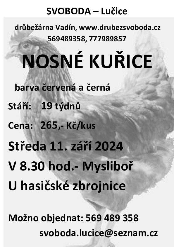 Ve středu 11. září 2024 v 8:30 hod. proběhne v obci u hasičské zbrojnice prodej nosných kuřic. Více informací je v příloze.