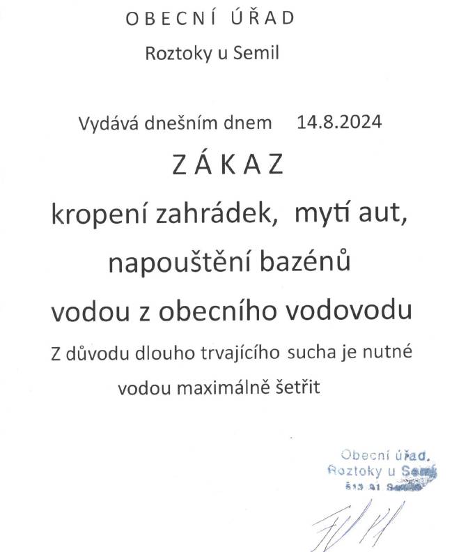 OÚ vydává přísný zákaz kropení zahrádek,mytí aut, napouštění bazénů vodou z obecního vodovodu!!!