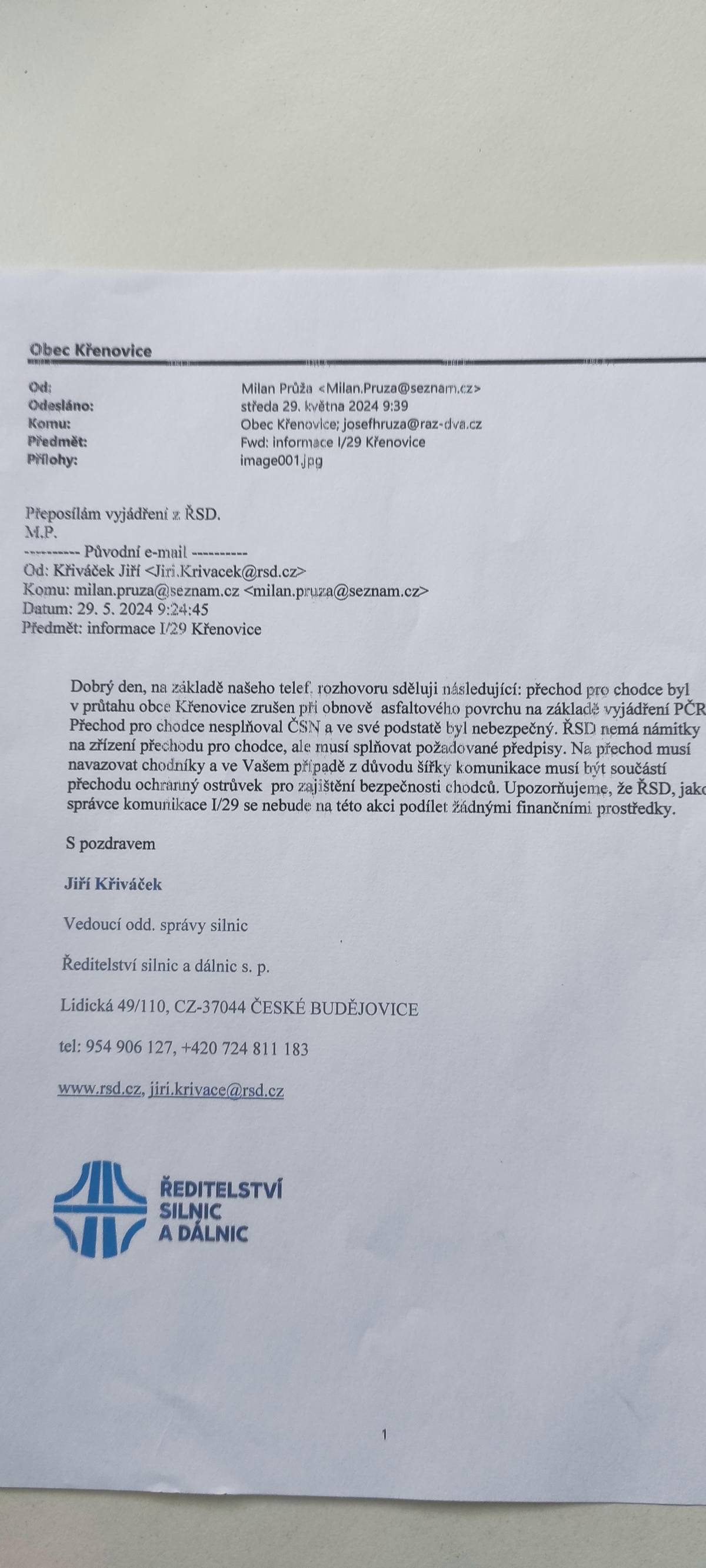 Odpověď ŘSD na dotaz ohledně vytvoření přechodů v obci.