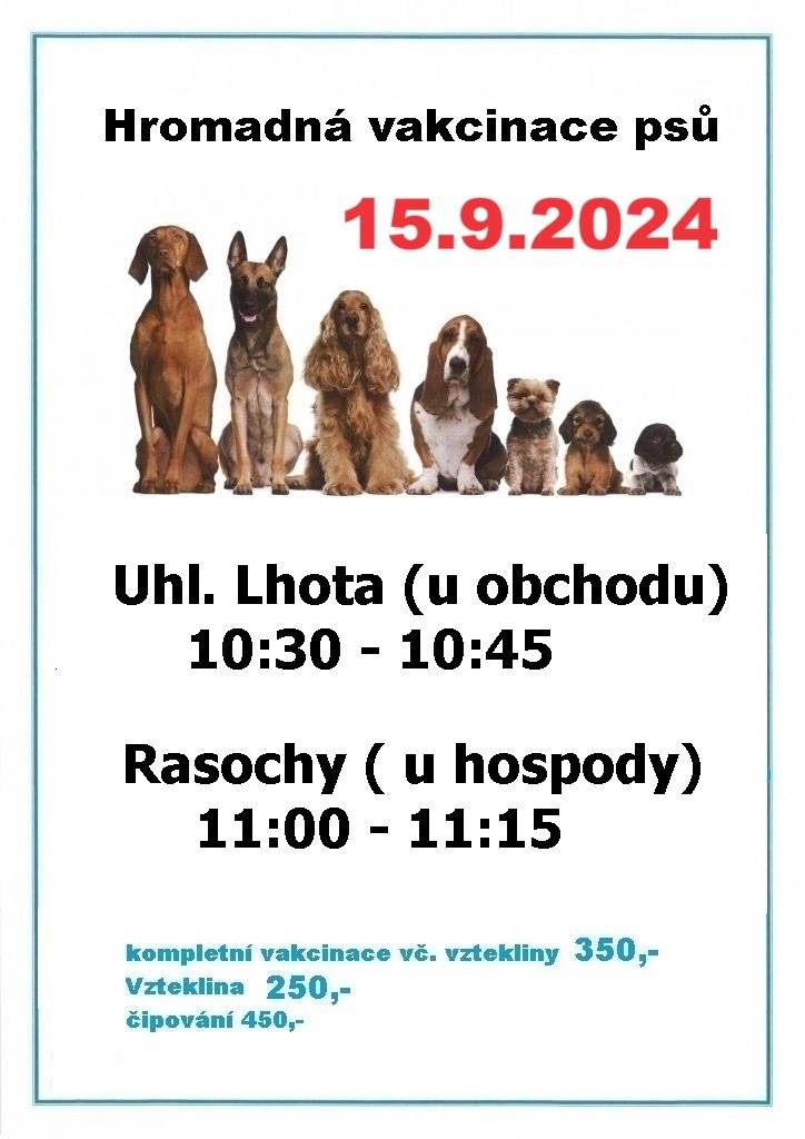 Neděle 15.9.2024. Lhota 10.30 - 10.45h. Rasochy 11.00 - 11.15 h.