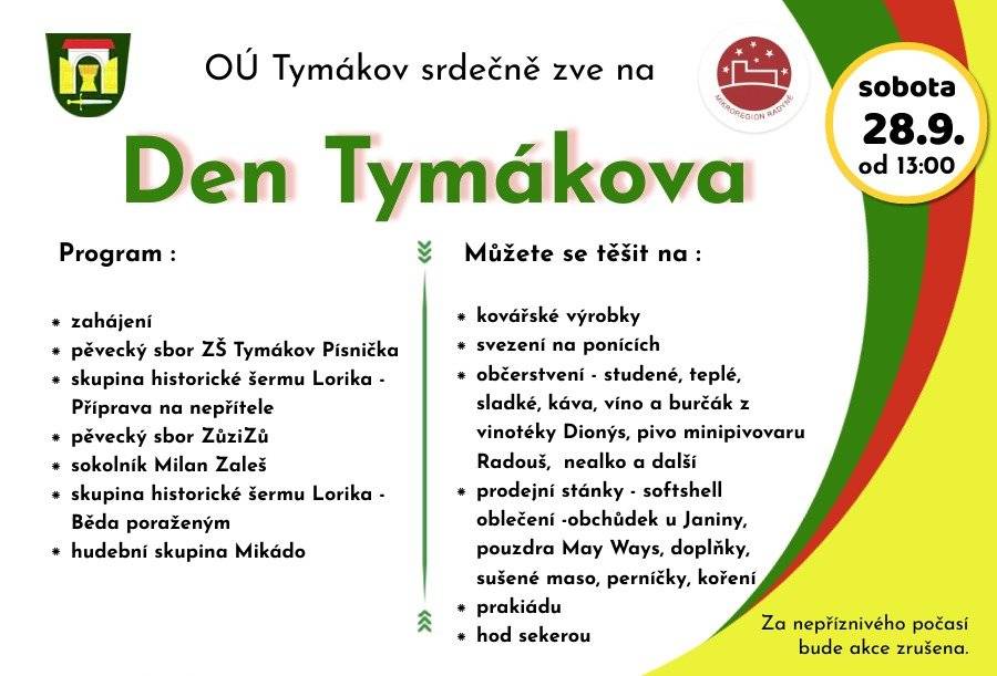 Vážení spoluobčané, na akci bude zároveň probíhat humanitární hmotná sbírka pro obec Česká Ves, která je na Jesenicku jako jedna z mnoha postižena povodní. V současné době zde potřebují především věci na likvidaci bahna a úklid - tedy stavební kolečka, lopaty, kýble, hadry, košťata, desinfekční prostředky atd.. Také potraviny - především suché, trvanlivé, konzervované. Pokud budete chtít přispět, přineste svůj příspěvek v úředních hodinách na OÚ nebo právě v sobotu při akci Den Tymákova do hasičárny na Staráku. Naše zastupitelstvo schválilo finančí pomoc ve výši 100tis.Kč, která bude zaslána na humanitární sbírku České Vsi.  Osobně jsem si s paní z úřadu chvilku povídala....základní škola mimo provoz, školka také, provizorně teď otevřeli jednu třídu, aby rodiče mohli uklízet, čistička je nejen vypláchlá, ale i bez kanalizačního potrubí, to zmizelo, pitná voda sice dálková, ale neteče, předpoklad oprav je někde i půl roku. V evakuačním centru zůstalo ještě 6 osob, ty nemají kam jít. Ostatní uklízí a přechodně jsou u rodin nebo známých. Výběr této obce byl čistě náhodný, chceme pomoci na konkrétním místě. Takže tak. Martina Schwarzová