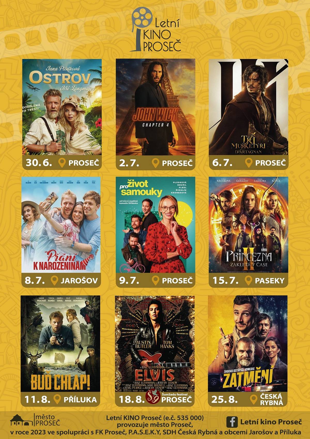Tento víkend startuje další sezonu Letní kino Proseč. V pátek se můžete těšit na nový hit mezi českými komediemi Ostrov, v neděli 4. pokračování hollywoodského trháku s Keanu Reevesem v roli Johna Wicka. Projekce startují v 21:30, vstupné je 120 Kč a občerstvení pro Vás má připraveno FK Proseč. Těšíme se na Vás.