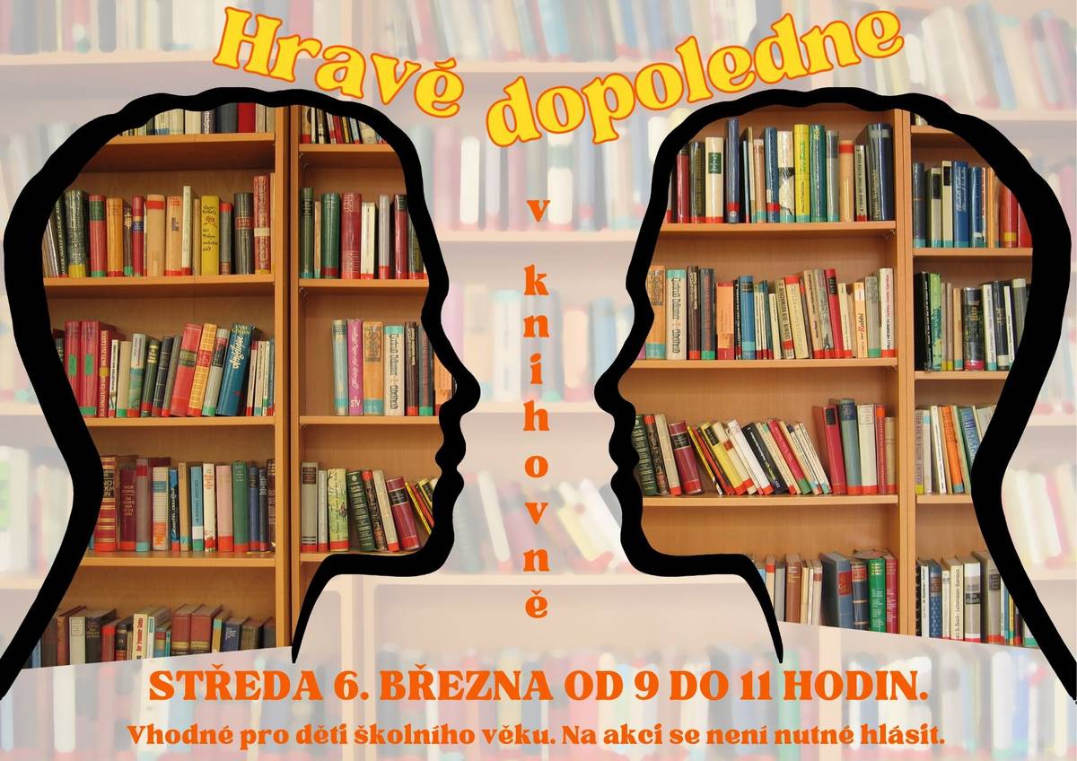 ST 6. 3. 
9:00 - Městská knihovna Vimperk
Dopoledne plné her, čtení, tvoření a další zábavy - na své si přijde každý!
Vhodné pro všechny školou povinné děti. Na akci není nutné se přihlásit.