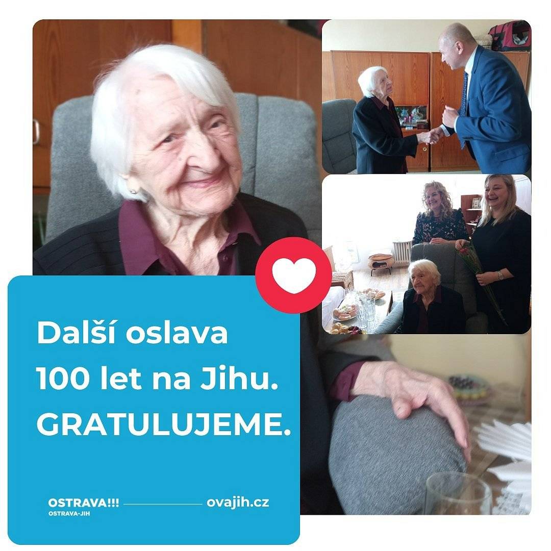Sto let o uplynulém víkendu, 9. března 2024, oslavila paní Ludmila Robenková z Ostravy-Hrabůvky. Starosta Martin Bednář ji jménem obvodu popřál hodně zdraví a štěstí i v dalších letech.
Jubilantka se narodila v Litovli 9. března 1924, původně jako Ludmila Barylová, nejstarší ze tří sester. Později se vyučila jako dámská krejčová a po vyučení nastoupila jako pletařka v punčochárně ve Zlíně. Za protektorátu byla do konce války totálně nasazena v Německu. Po válce se přestěhovala do Ostravy, kde už zůstala - více zde: https://ovajih.ostrava.cz/cs/o-jihu/aktualne/dalsi-zena-zijici-v-obvodu-ostrava-jih-oslavila-sto-let-jmenuje-se-ludmila-robenkova-a-zije-v-hrabuvce