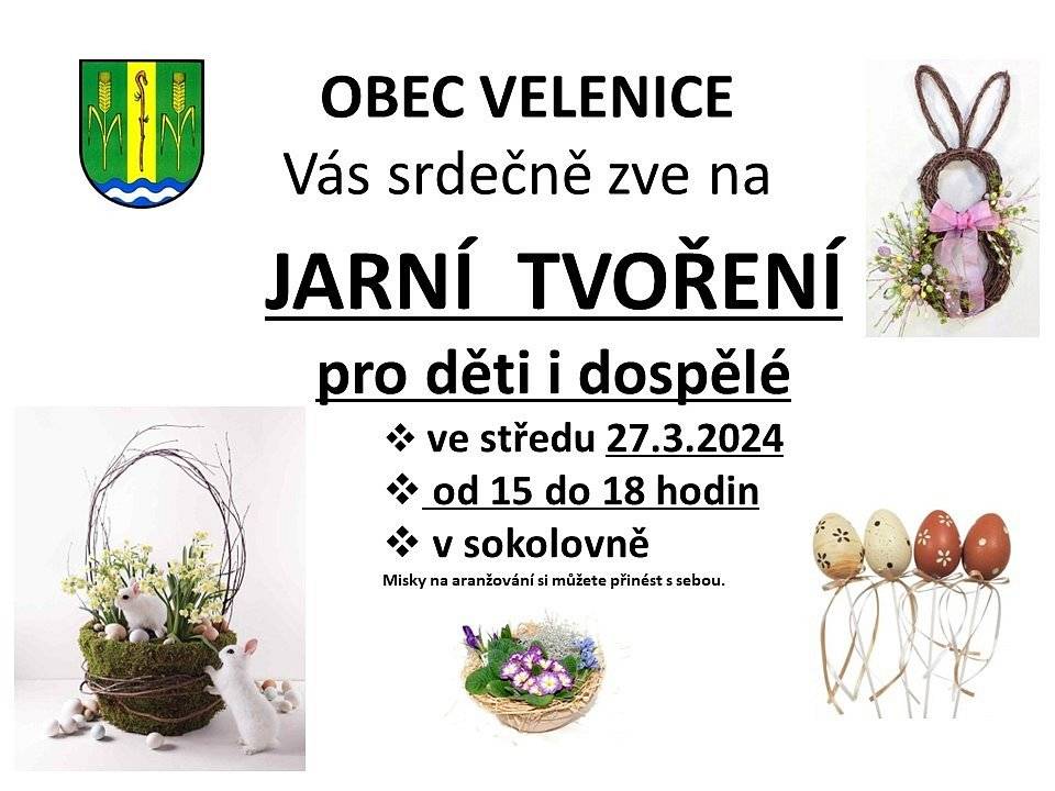 OÚ zve občany na Jarní tvoření pro děti i dospělé, které se uskuteční ve středu 27. března 2024 od 15 do 18 hodin v sokolovně. Misky na aranžování si můžete přinést s sebou.