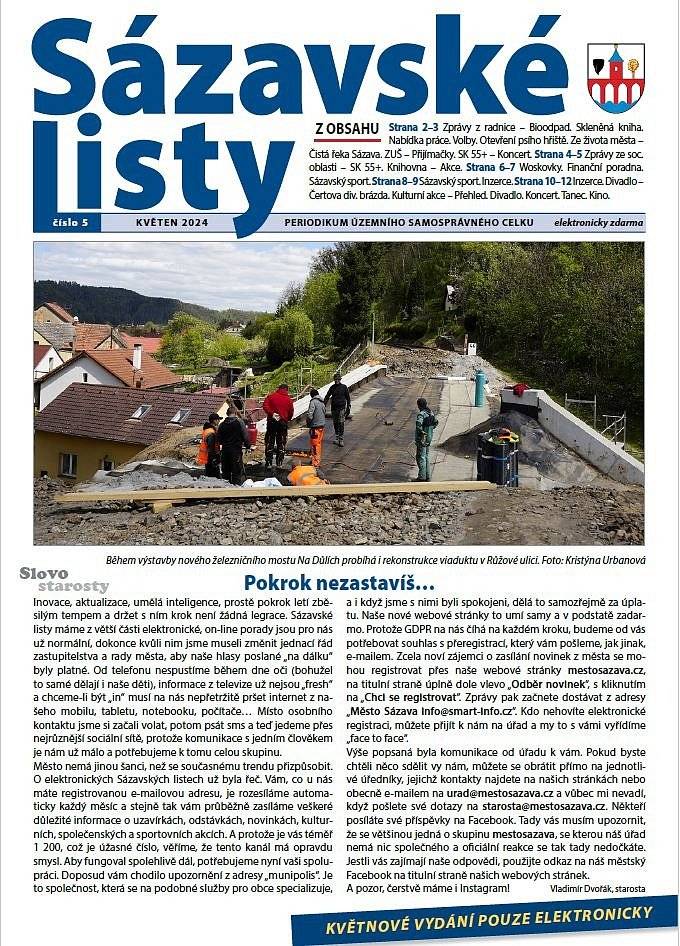 Květnové vydání Sázavských listů je již k přečtení zde: 
https://zpravodaj.munipolis.cz/mestosazava/05-2024/