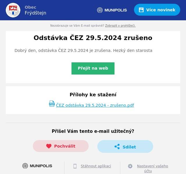 Dobrý den, odstávka ČEZ 29.5.2024 je zrušena. Hezký den starosta