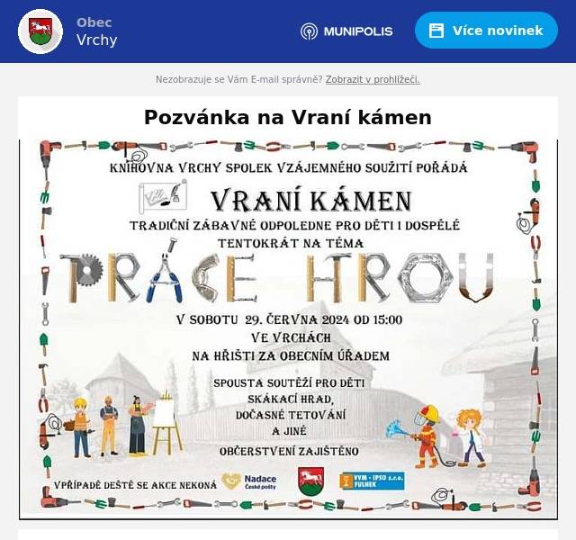 Tradiční zábavné odpoledne pro děti a rodiče. Spousta zábavy, her, plnění úkolů a skvělé odměny. Přijďte si zkusit různá povolání a zároveň se u toho pobavit. Bohaté občerstvení zajištěno.