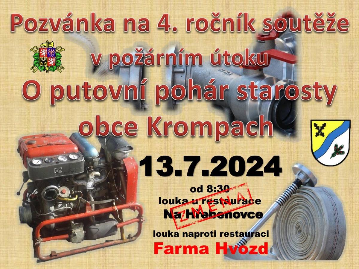 V sobotu 13.7.2024 vás zveme na louku u Farmy Hvozd kde se uskuteční 4. ročník soutěže v požárním útoku o pohár starosty obce Krompach.