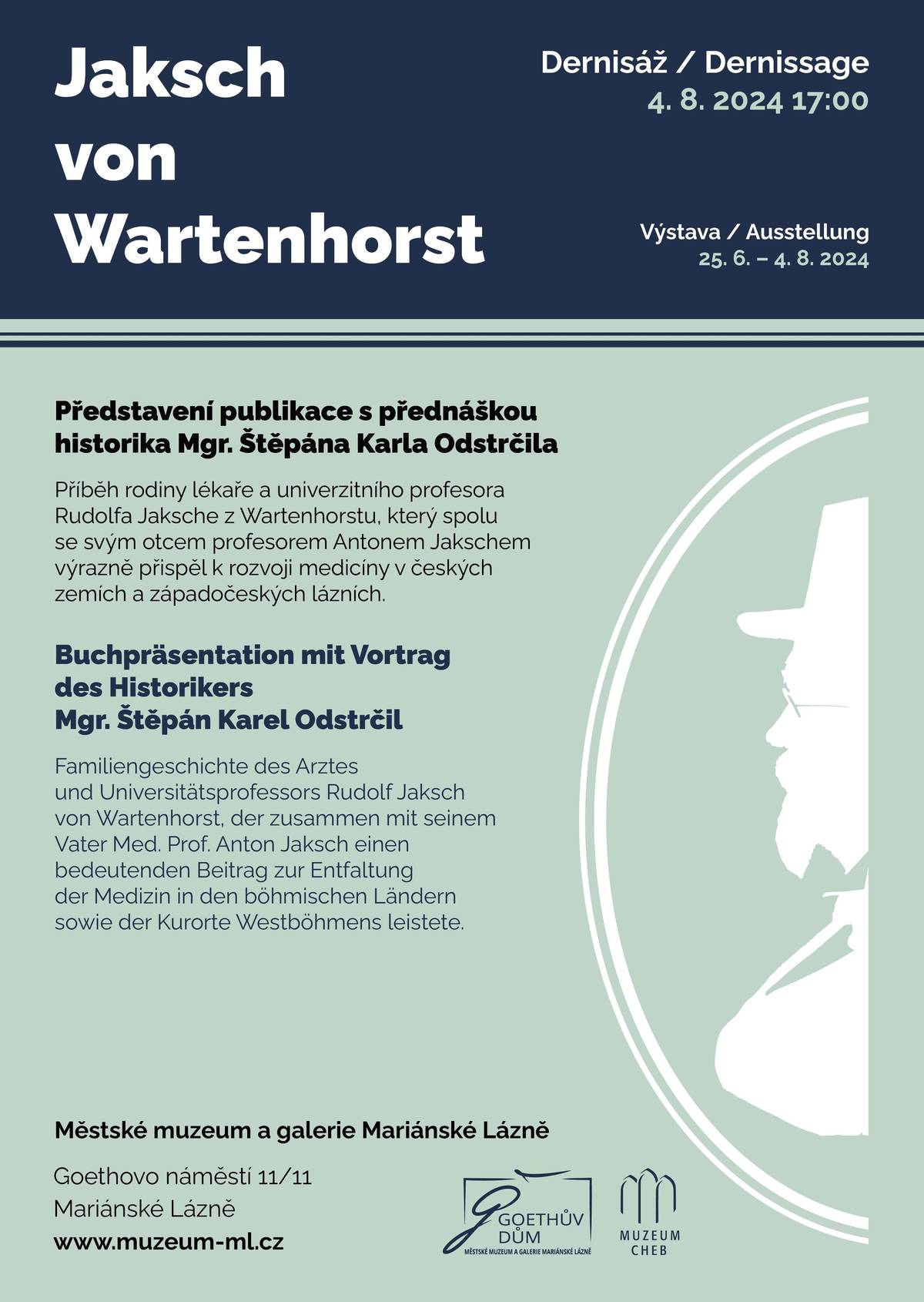 V Galerii Goethe mariánskolázeňského městského muzea probíhá v současné době dvojvýstava s názvem „Příběh rodiny lékaře a malíře.“ První část výstavy zastupují díla zapomenutého umělce a pedagoga Jana Křížka. Část druhá představuje rodinu lékaře a univerzitního profesora Rudolfa Jaksche von Wartenhorst, který spolu se svým otcem Antonem Jakschem výrazně přispěl k rozvoji české medicíny a lázeňství v západních Čechách.
Výstava bude zakončena v neděli 4. srpna v 17.00 hodin prezentací doprovodné publikace a přednáškou historika Štěpána Karla Odstrčila.