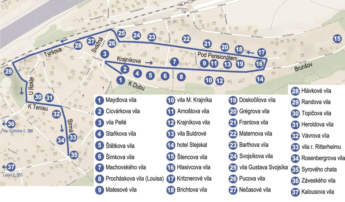 Trasa po Dobřichovicích, vilové čtvrti Brunšov, měří 2,4 kilometru.