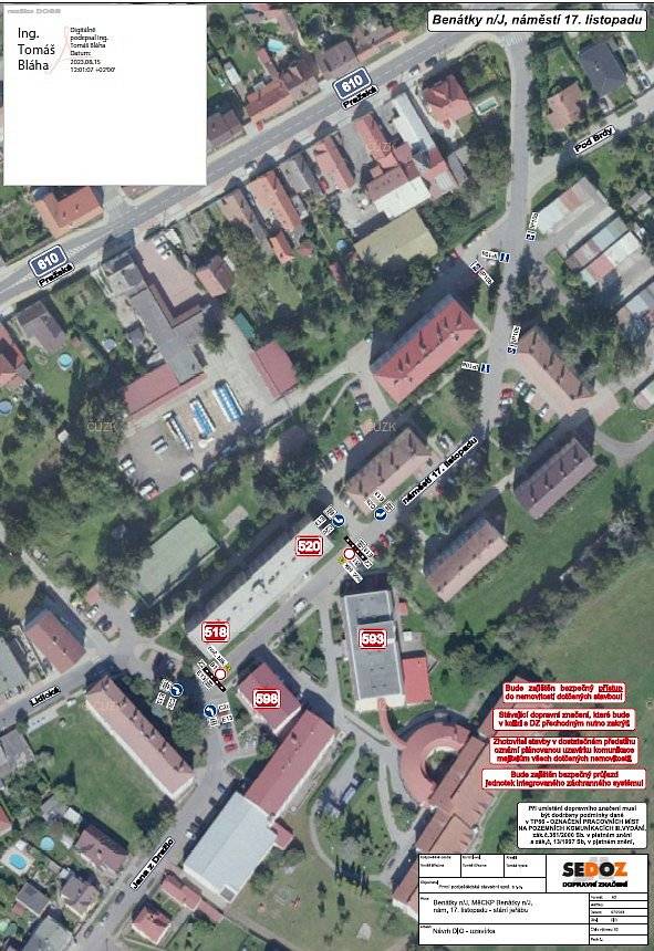 Upozorňujeme, že proběhne úplná uzavírka místní komunikace - v Benátkách nad Jizerou v ulici 17.listopadu na pozemku p.č. 891/3_k.ú. Staré Benátky. Důvodem uzavření komunikace je montáž stropních panelů pomocí jeřábu pro budovu s č.p. 593 v termínu: 22. 8. – 23. 8. 2023