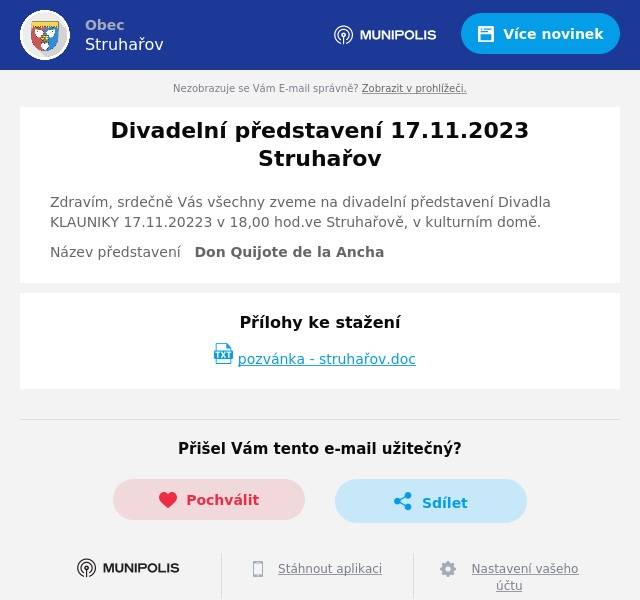 Zdravím, srdečně Vás všechny zveme na divadelní představení Divadla KLAUNIKY 17.11.20223 v 18,00 hod.ve Struhařově, v kulturním domě.
Název představení   Don Quijote de la Ancha
