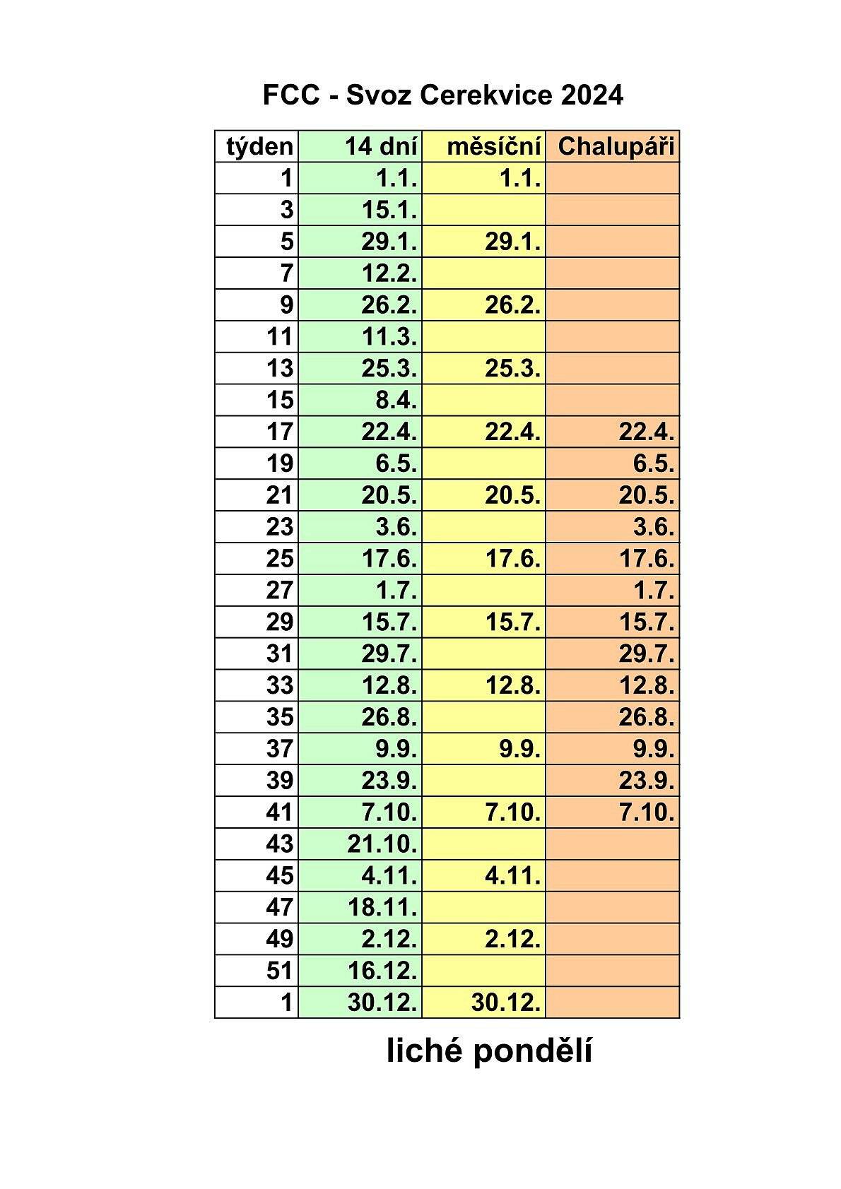 Svoz komunálního odpadu v Cerekvici v roce 2024 každé liché pondělí. Začíná 1.1.2024 a pak každé 2 nebo 4 týdny podle četnosti svozu.