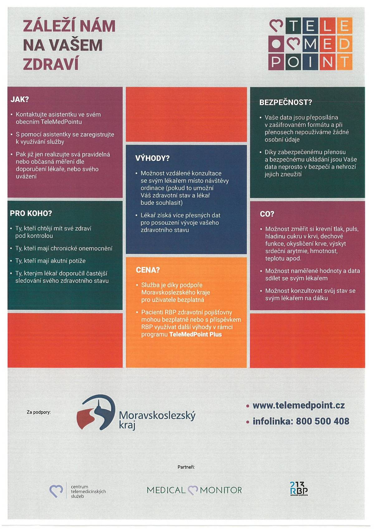 Milí občané,
je nám potěšením oznámit Vám, že v obci Pražmo byl zahájen provoz kontaktního místa TeleMedPoint. Jedná se o novou bezplatnou službu pro občany obce a blízkého okolí, kteří mají zájem pro sebe nebo pro své lékaře, získat aktuální informace o svém zdravotním stavu - více v příloze.