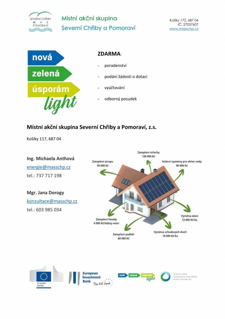 Vážená paní starostko, vážený pane starosto,



obracím se na Vás s důležitou informací týkající se administrace žádostí v programu Nová zelená úsporám Light (NZÚ Light), který je určen zejména pro starobní a invalidní důchodce a další příjemce vybraných typů sociálních dávek. 



Chtěla bych vás upozornit, že na trhu se pohybuje řada firem, které se snaží občanům tyto dotace vyřizovat a zároveň s tím jim nabízet další firmy, které jim daná opatření realizují. Z kontaktu s některými žadateli víme, že jejich jednání není vždy korektní (neseznámí je řádně s podmínkami dotace, berou si od klientů citlivé údaje např. pro přihlášení přes identitu občana, sepisují s nimi smlouvy na vyřízení dotace, které nejsou při vyřizování přes MAS vůbec potřeba apod.). Navíc samotnou žádost o dotaci nemohou občanům takové firmy nikdy sami podat, vždy je nutné stanovisko MAS nebo EKIS (Energetická konzultační a informační střediska garantovaná Ministerstvem průmyslu a obchodu). Tyto firmy se někdy obrací i na nás a nabízí nám různé druhy „spolupráce“.



Ráda bych upozornila, že od začátku programu NZÚ Light vyřizujeme pro občany v území MAS SCHP žádosti o dotace zcela zdarma (máme proškolené zaměstnankyně, které se plně věnují kompletní pomoci při administraci žádostí, jejich zpracování, podání a vyúčtování, včetně odborných posudků). Tuto činnost nám proplácí Ministerstvo životního prostředí (resp. Státní fond životního prostředí ČR v rámci Národního plánu obnovy) a v žádném případě za ni nemůžeme a nechceme čerpat žádné další výhody, ať už od samotných žadatelů, a nebo od komerčních firem. Těm samozřejmě nemůžeme zakázat, aby nabízely své služby, ale nikdy toto nesmí dělat pod záštitou jakékoliv spolupráce s MAS SCHP.



Pokud se tedy i na Vás některé firmy v souvislosti s NZÚ Light obrátí a budou Vám cokoliv nabízet, je jistě na Vašem uvážení, nakolik s nimi budete chtít spolupracovat, každopádně znovu upozorňuji, že s Místní akční skupinou Severní Chřiby a Pomoraví není a nebude žádná spolupráce s žádnou firmou v oblasti NZÚ Light domluvena.



Kontakty a základní informace k NZÚ Light jsou k dispozici na našem webu: http://masschp.cz/nzu%2Dlight/ms-2205/p1=2205.



Přílohou zasílám také jednoduchý leták s našimi kontakty, který si můžete vytisknou a v případě potřeby předat zájemcům o dotaci.



Pokud budete mít k výše uvedenému jakýkoliv dotaz či připomínku, obraťte se, prosím, na mě.



Děkuji a přeji pěkný den.





Hana Ryšková
Místní akční skupina Severní Chřiby a Pomoraví, z.s. 

Košíky 172, 687 04

IČ: 27057607

www.masschp.cz



tel.: 604 366 154