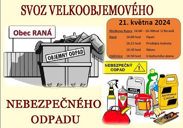 Medkovy Kopce: 

16:00 až 16:30 hod U beranů

Raná: 

16:00 hod Hyvel
16:15 hod Prodejna Jednoty
16:30 hod Náves

Oldřetice: 

16:50 hod U Kulturního domu