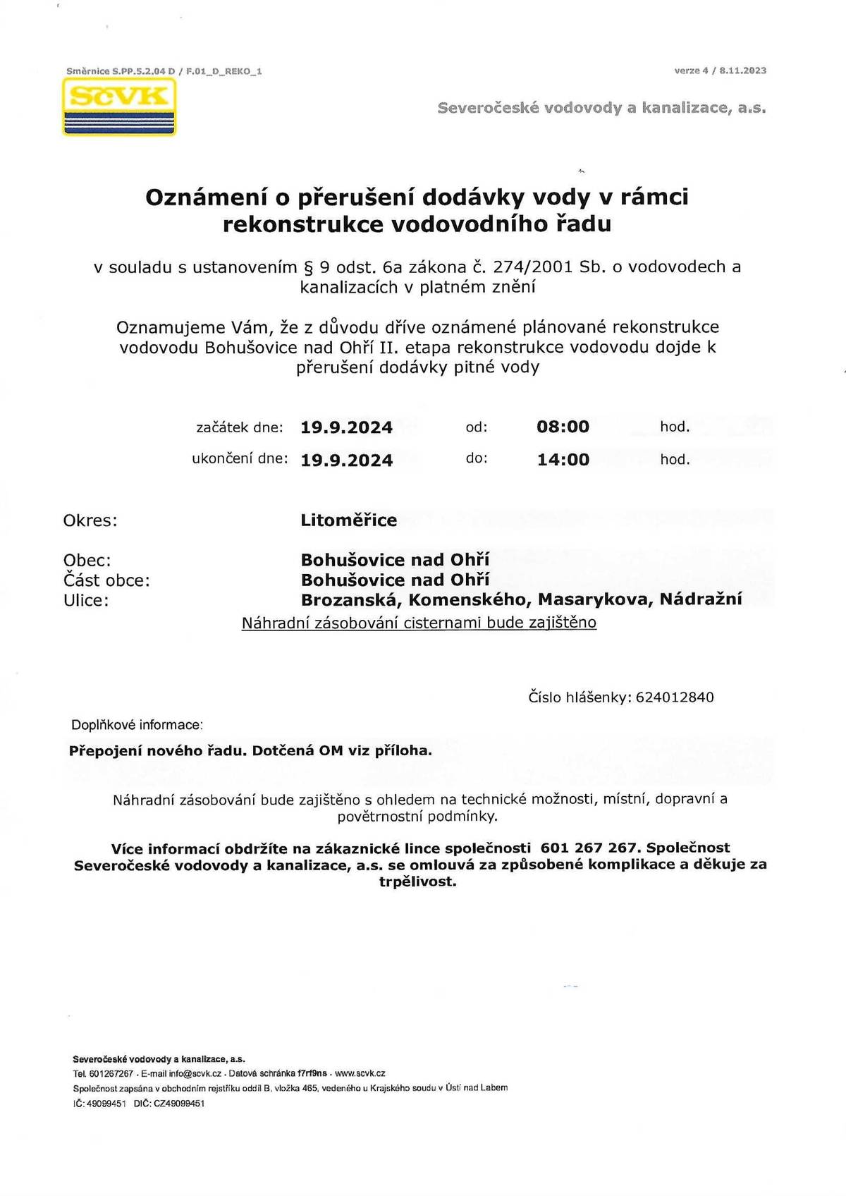 Z důvodu rekonstrukce vodovodu dojde k přerušení dodávky pitné vody 19.9. od 8 do 14 hod v ulici Brozanská,Komenského,Masarykova,Nádražní.