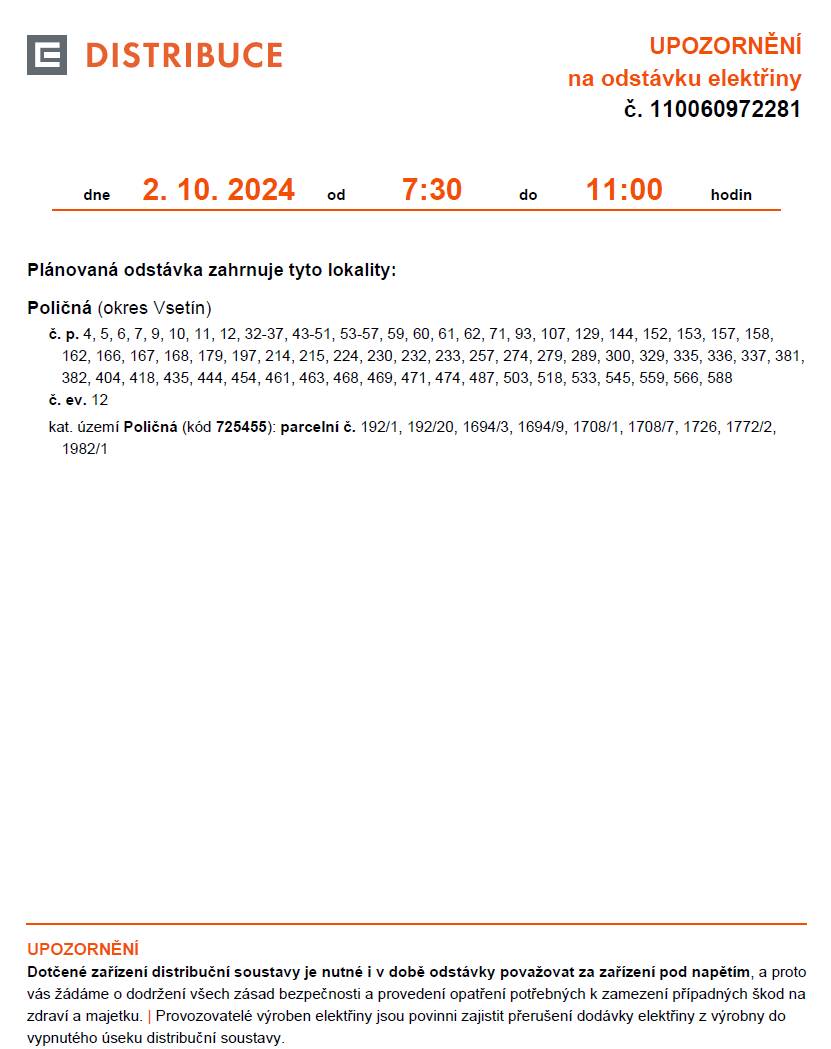 Informujeme Vás o odstávce el. energie dne 2. 10. 2024. Přesný rozsah naleznete v příloze a také na webu, FB a vývěskách.