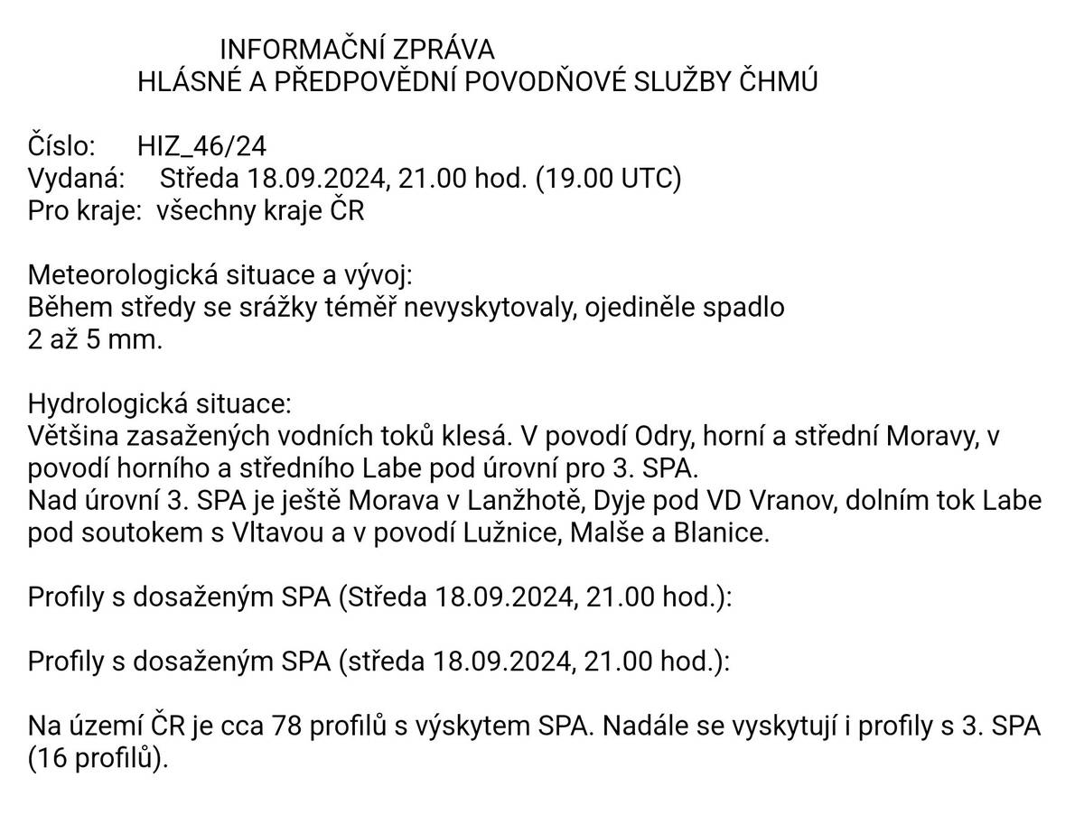 INFORMAČNÍ ZPRÁVA HLÁSNÉ A PŘEDPOVĚDNÍ POVODŇOVÉ SLUŽBY ČHMÚ