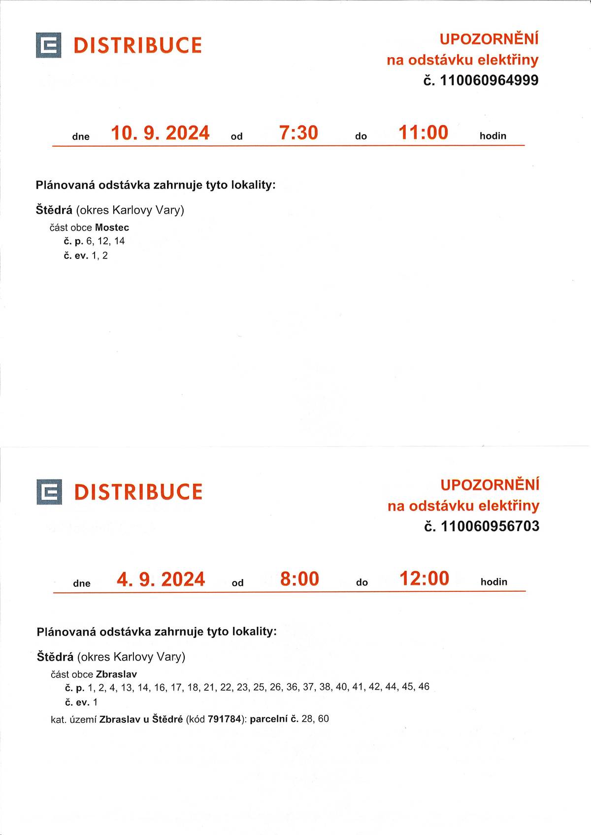 odstávka ČEZu a.s. - Zbraslav 4.9.24 od 8,00 do 12,00 a Mostec 10.9.24 od 8,00 do 12,00