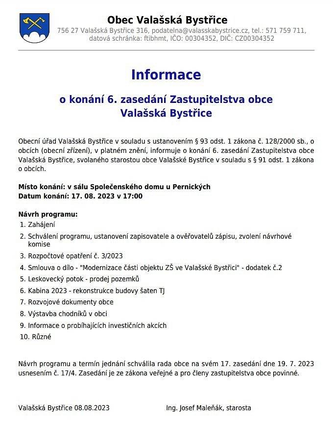 Zasedání se bude konat ve čtvrtek 17. srpna od 17 hodin v sále Společenského domu U Pernických.