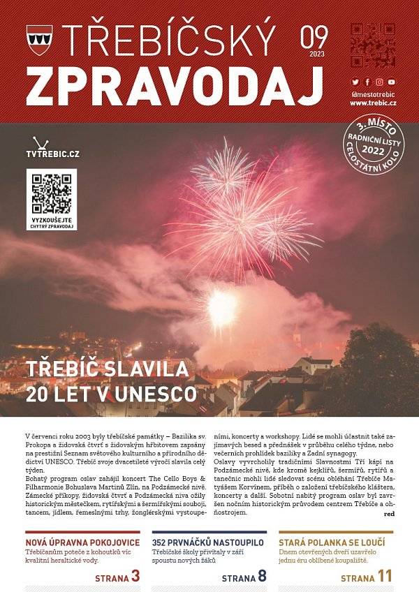 Přinášíme vám zářijové číslo Třebíčského zpravodaje. V listovací elektronické podobě zpravodaje najdete různé grafické ikony, díky kterým se dostanete na televizní reportáže, fotogalerie, úplné zobrazení článků na webu a další. Ve zpravodaji se dá lehce vyhledávat a hlavně, máte jej kdykoli u sebe. Přečtěte si, co je u nás nového.