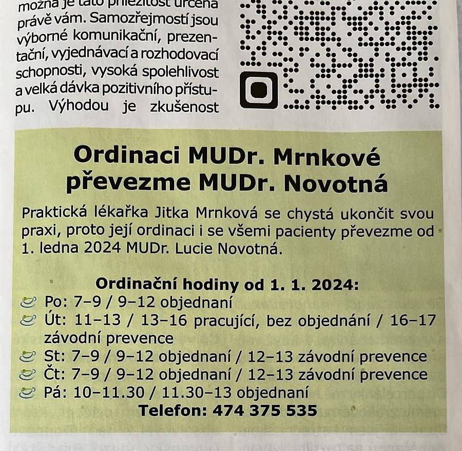 Vážení občané, 
na základě podnětu od občana, který nám zaslal článek z KLÁŠTERECKÝCH NOVIN, Vám zasíláme krátkou informaci ohledně ordinačních hodin paní MUDr. Novotné. Informaci, že paní MUDr. Novotná otevírá novou ordinaci v Klášterci nad Ohří jsme netušili. Proto jsme jí obratem požádali o nové ordinační hodiny.🕐 Více informací naleznete zde: https://www.klasterec.cz/kontakty/tiskove-zpravy/ordinaci-mudr-mrnkove-prevezme-mudr-novotna-3308cs.html
Nové ordinační hodiny pro Vejprty od 1.1. 2024
PO :   13:00-18:00 
ÚT :   07:00-13:00 (přítomna sestra)
ST :    07:00-12:00
           12:00-17:00 (MSSS Vejprty) 
ČT :    07:00-13:00 (přítomna sestra)
PÁ :    06:00-9:00  
           09:00-12:00 (přítomna sestra)