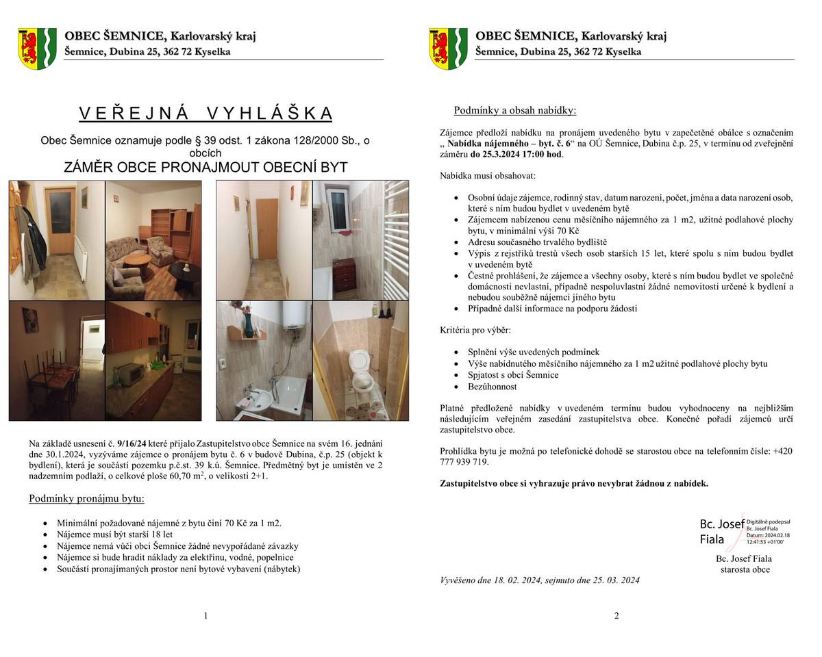 Obec Šemnice oznamuje:
 


ZÁMĚR OBCE PRONAJMOUT OBECNÍ BYT.
 
https://www.semnice.cz/uredni-deska?filesRenderer-objectId=10795944&id=711&action=detail&do=filesRenderer-download&fbclid=IwAR1DWFH-1r8K6dF825a4UPrh6hiZECMyA3WFFL_F_41OLY4M9HUaxGl-0_Q