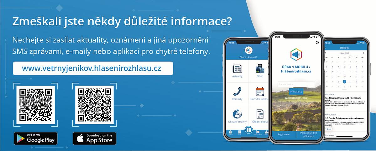 Vážení občané,
rádi bychom Vás informovali, že od dnešního dne městys zahajuje využívání aplikace HlaseniRozhlasu.cz.
Pokud jste již neučinili, prosíme, zprovozněte si mobilní aplikaci. Mobilní aplikace přináší mnoho výhod, jako například možnost hlášení problémů v obci (nesvítící veřejné osvětlení, jsou plné kontejnery...). Kromě toho obsahuje kontakty na úřad, vedení obce, technického zaměstnance a poštu.