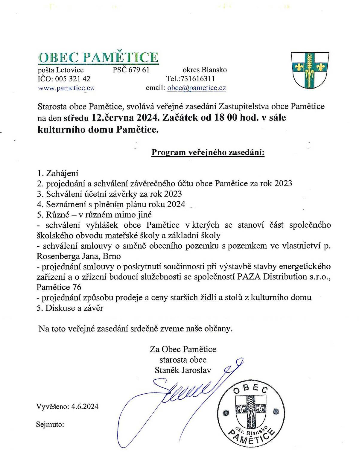 Veřejné zasedání ZO Pamětice 12.6.2024 od 18:00.