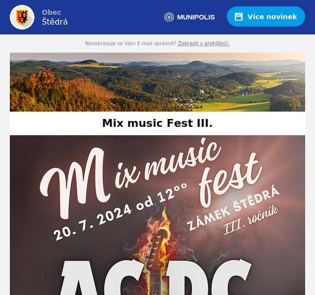 Hudební program:🎵12:30 - Daliborka🎵14:30 - Kujme Pikle Band & Levoruký Eda🎵16:00 - CERBEROS Heavy rock🎵17:30 - Kabát Revival West🎵19:30 - Olympic Revival🎵21:30 - AC/DC Tribute🎵23:00 - Afterpárty dokud budete mociProgram pro děti:👧👦 - Maskoti a tetování👧👦 - Malování na obličej👧👦 - Kašpar Klepal profesionální žonglér► VSTUP:pouze na místě 200,-děti do 15 let ZDARMA!Důchodci ZDARMA!Těšíme se na setkání s vámi a vašimi blízkými na nezapomenutelném festivalovém zážitku plném hudby, zábavy a radosti!