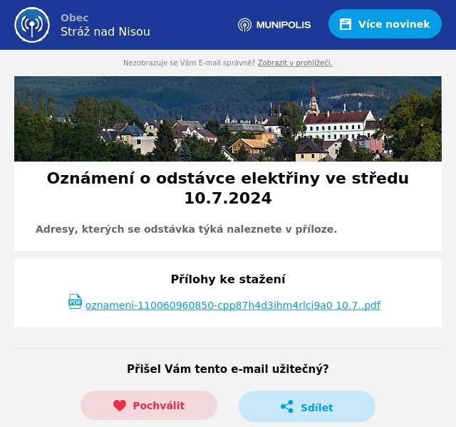 Adresy, kterých se odstávka týká naleznete v příloze.