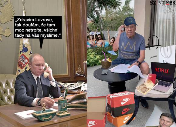 Sergej Lavrov odjel na summit G20 na Bali. Jenže na veřejnost se dostaly fotky, na kterých používá nenáviděné západní výrobky. Tak snad mu to Putin odpustí. Další koláž populárního grafika pro Seznam Zprávy.